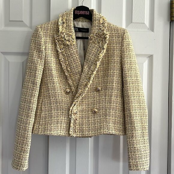 ZARA Double Breasted Tweed Weave Cropped Jacket - Picture 3 of 16